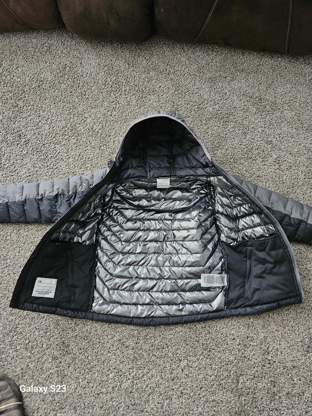 Columbia Omni-Heat Hooded Insulated Puffer Jacket Youth Small Black Gray Full